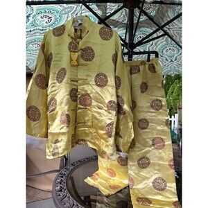Vintage 60s Squirrel Chinese Brocade Pajama Set L Gold Dragon Deadstock NWT